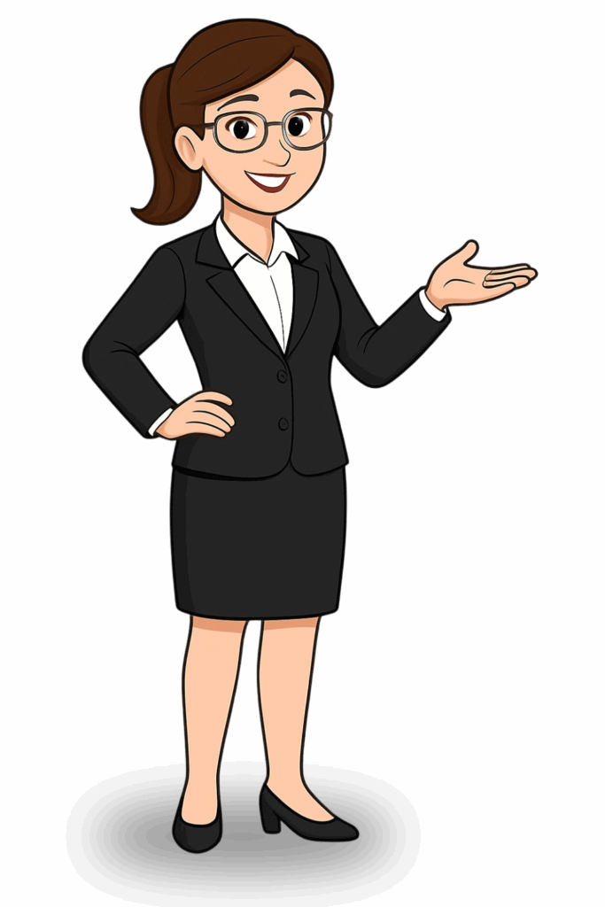 Ilustração da Michele, corretora da Pratti seguros, de terno preto, óculos e cabelo preso, sorrindo e gesticulando com a mão estendida, em postura profissional.