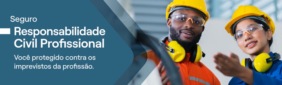 Profissionais de engenharia com capacetes de segurança e proteção auditiva, representando o seguro de Responsabilidade Civil Profissional.