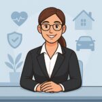 Ilustração de uma corretora de seguros sorridente, com óculos e blazer preto, representando a persona comunicadora da Pratti Corretora de Seguros, com ícones de saúde, residência e automóvel ao fundo.